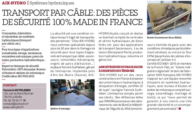 Cocorico !! Aix-Hydro est dans l’Usine Nouvelle (édition du 25 avril 19), dans le cahier spécial « Made in France ».